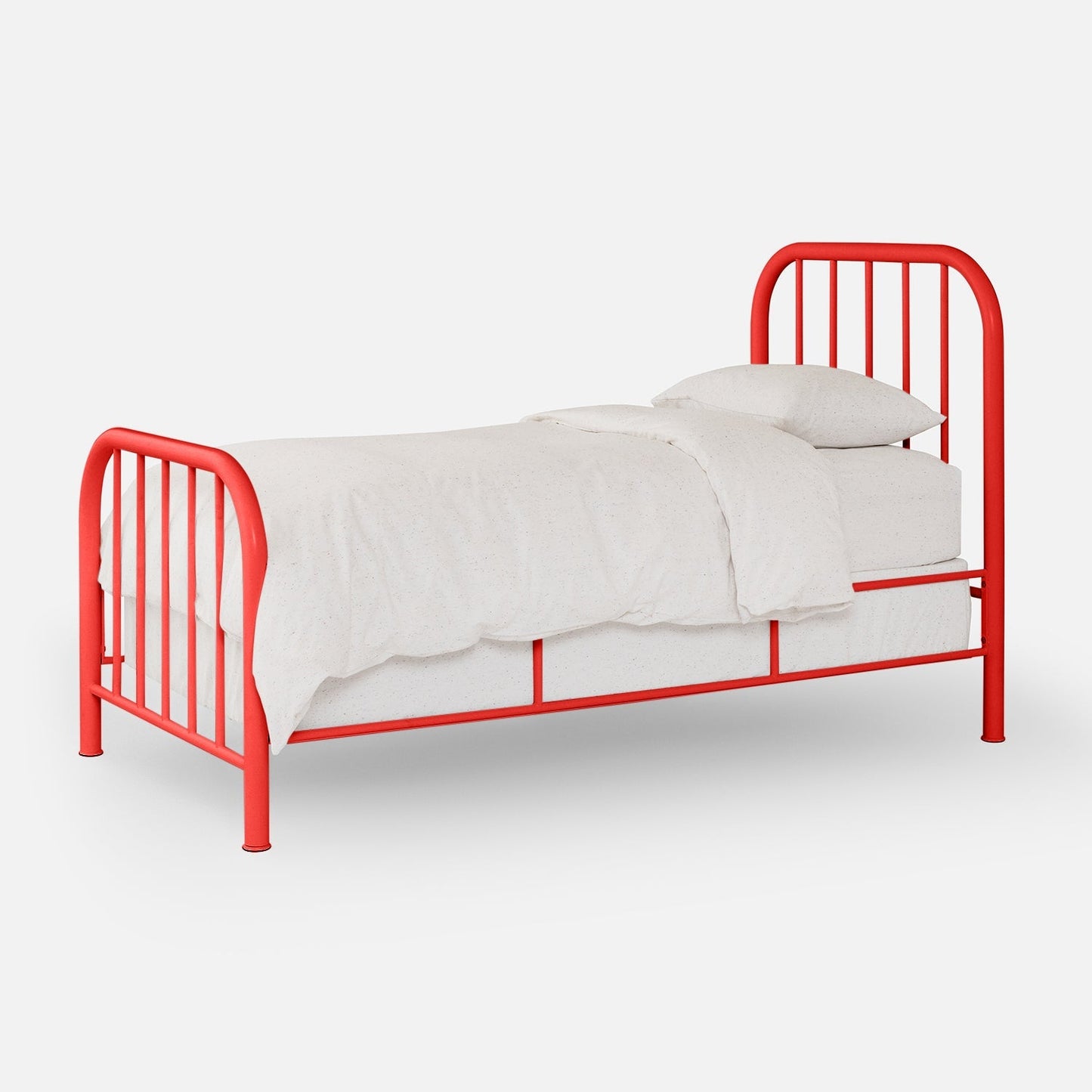 Three-quarter view of Hamilton Bed showing red metal frame with rounded headboard and footboard on white background