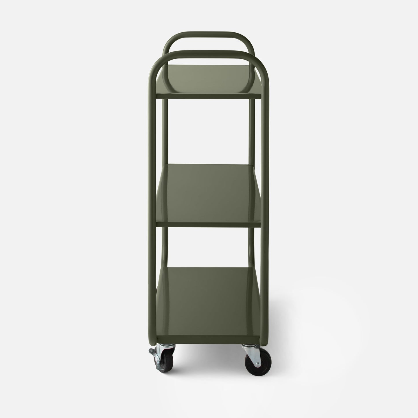 Front view of Miller Storage Cart showcasing three shelves, rounded handles and caster wheels on white background