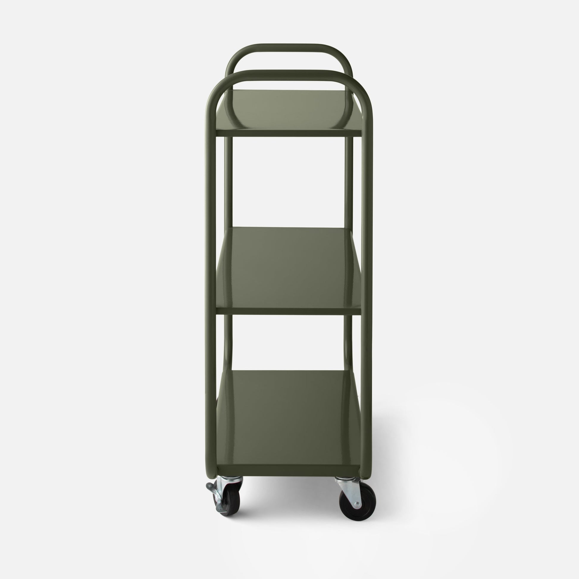 Front view of Miller Storage Cart showcasing three shelves, rounded handles and caster wheels on white background