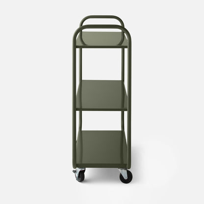Front view of Miller Storage Cart showcasing three shelves, rounded handles and caster wheels on white background