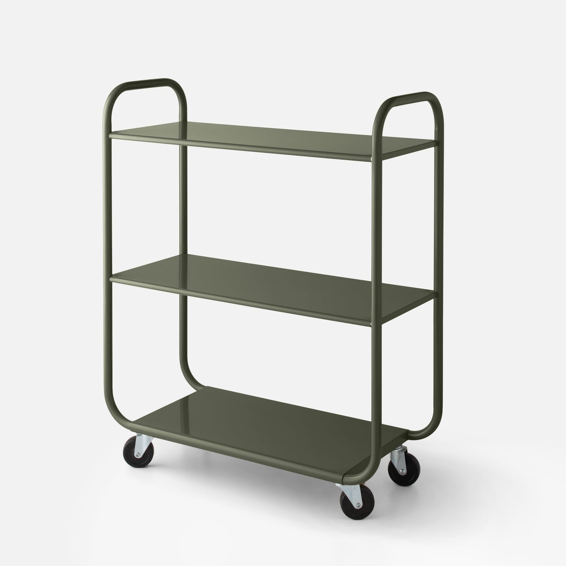 Angled view of Miller storage cart showing three metal shelves, tubular frame and swivel casters on a neutral background