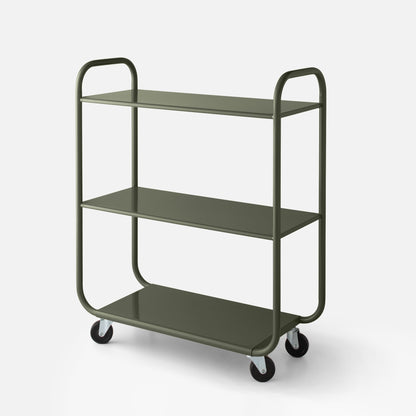 Angled view of Miller storage cart showing three metal shelves, tubular frame and swivel casters on a neutral background