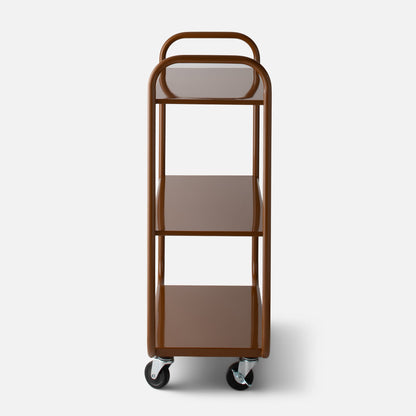 Front view of Miller Storage Cart in brown with three metal shelves, rounded handles, and caster wheels