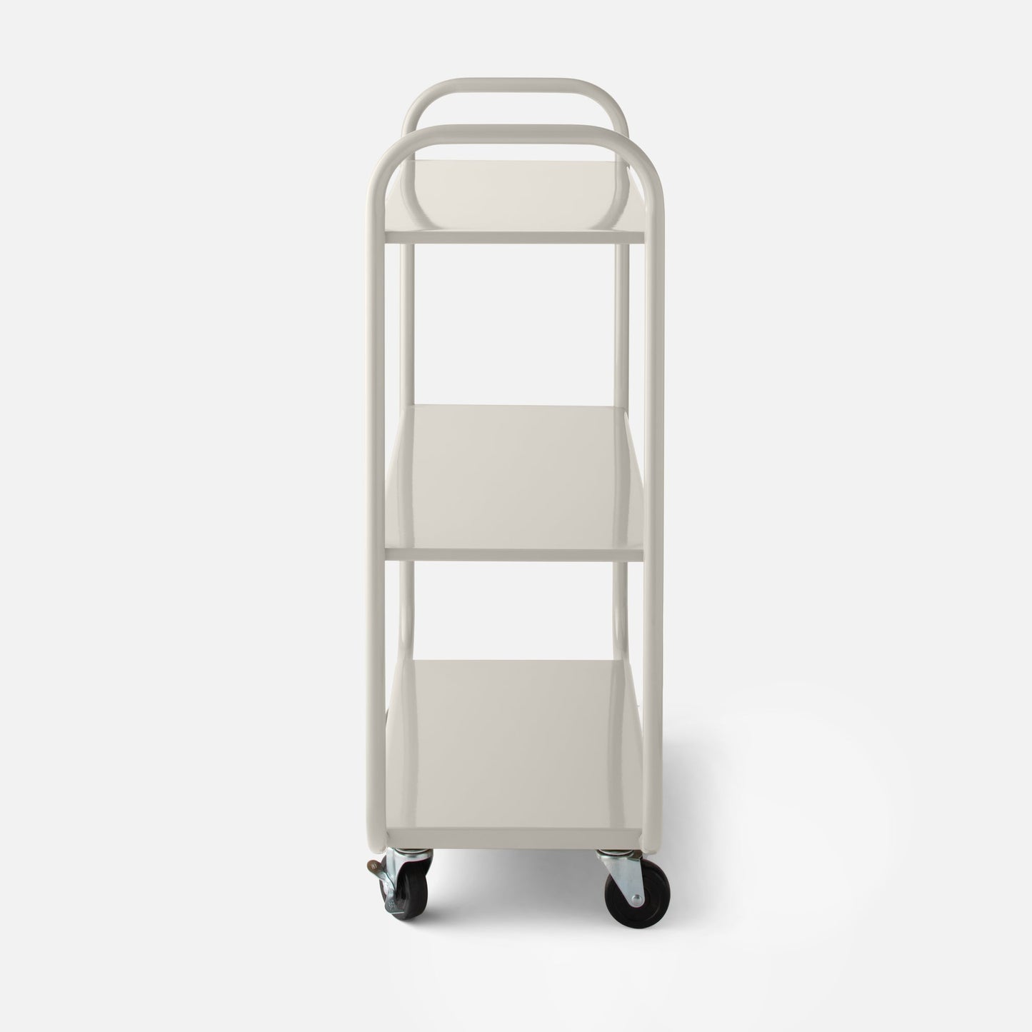 Front view of Miller Storage Cart showcasing rounded handles, two shelves, and locking casters on white background