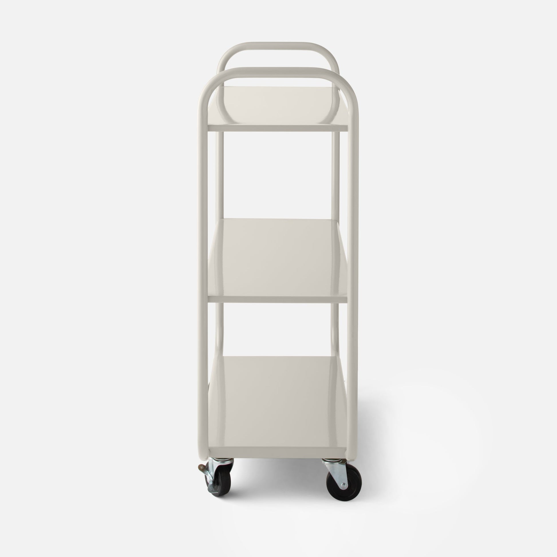Front view of Miller Storage Cart showcasing rounded handles, two shelves, and locking casters on white background