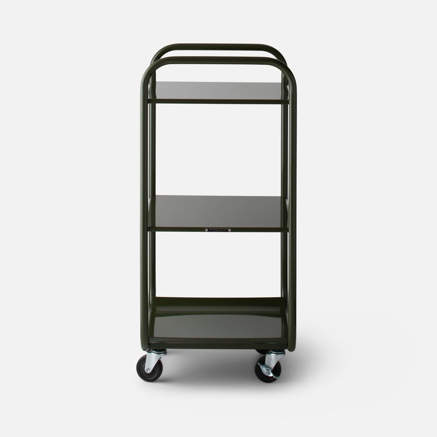 Front view of Miller Storage Cart showcasing three metal shelves, rounded tubular handles, and swivel casters on a white background