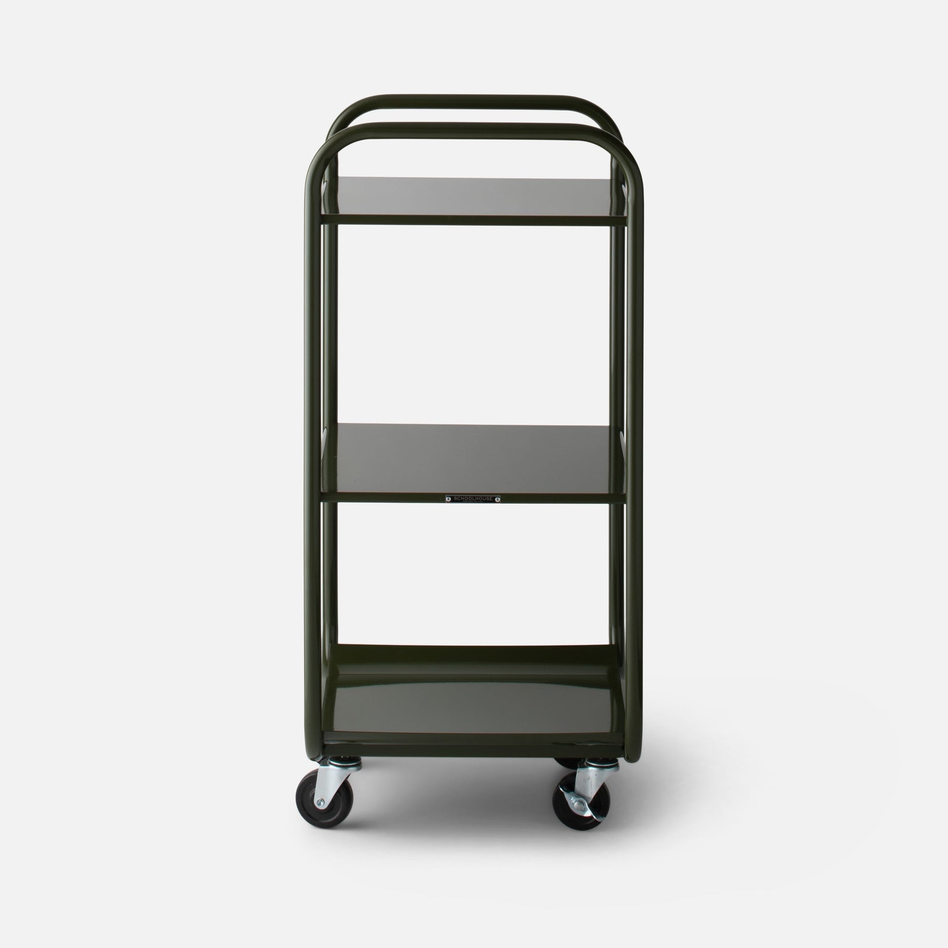 Front view of Miller Storage Cart showcasing three metal shelves, rounded tubular handles, and swivel casters on a white background