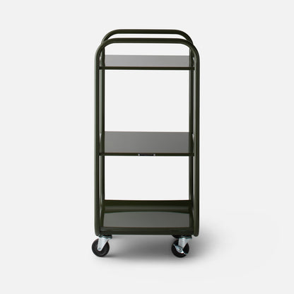 Front view of Miller Storage Cart showcasing three metal shelves, rounded tubular handles, and swivel casters on a white background
