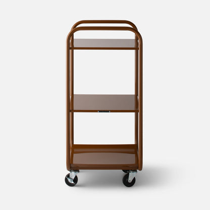 Front view of Miller storage cart showcasing three shelves, rounded tubular frame, and swivel caster wheels on a white background