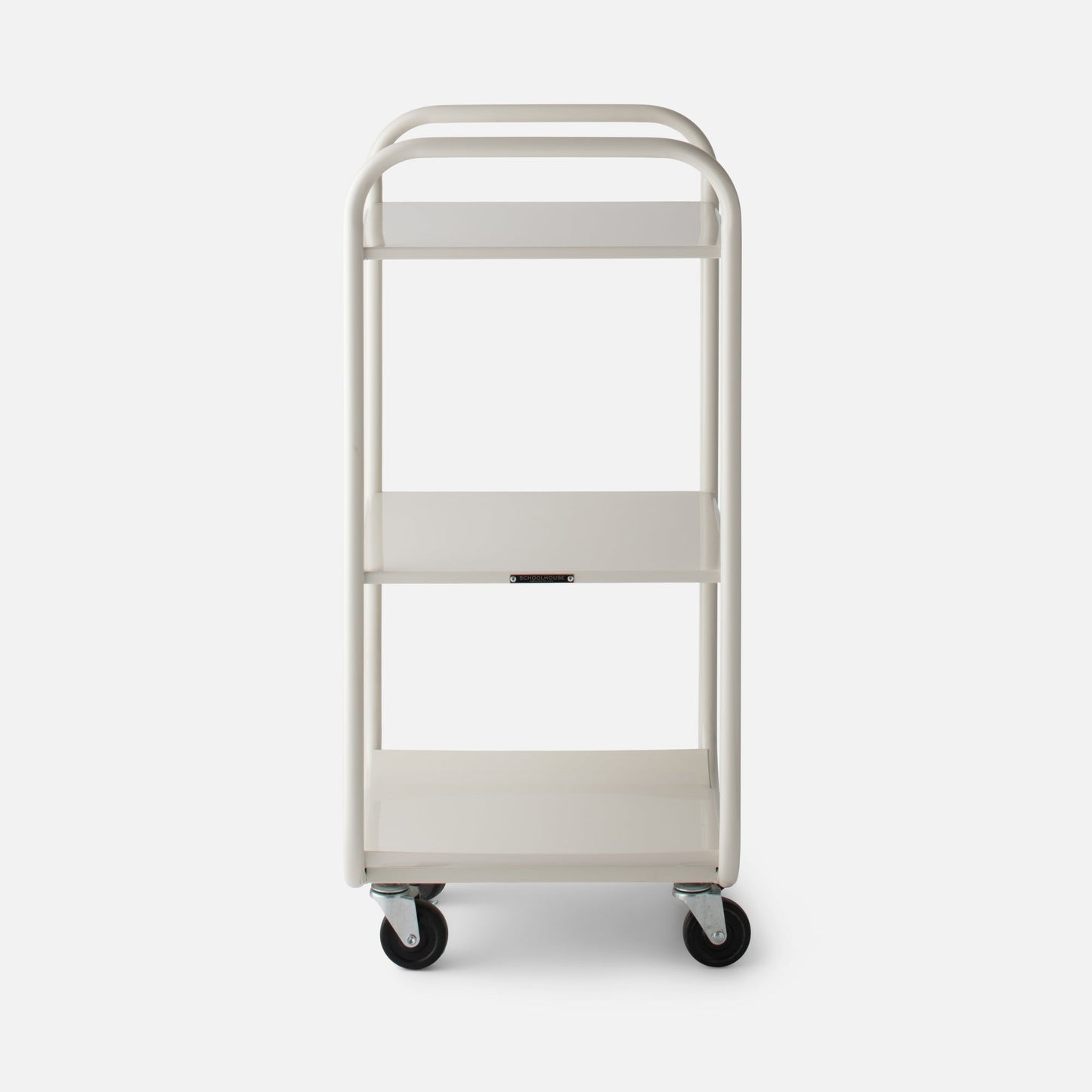 Front view of Miller Storage Cart showing three white metal shelves, rounded tubular handles and caster wheels on a plain studio background