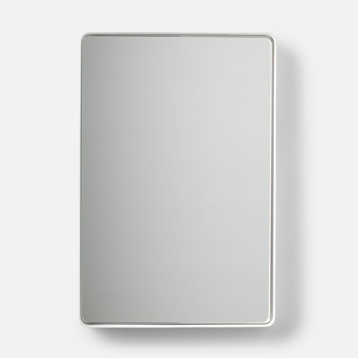 Front view of Leo mirror showcasing thin white metal frame with rounded corners on a white background