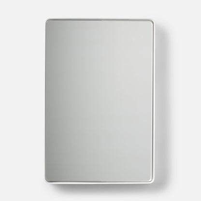 Front view of Leo mirror showcasing thin white metal frame with rounded corners on a white background