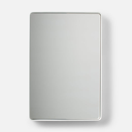 Front view of Leo mirror showcasing thin white metal frame with rounded corners on a white background