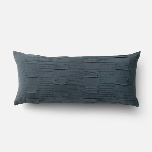 Top-down view of Pintuck Pillow cover 36 by 16 inches showcasing pleated matelassé pintuck stripes in slate on a white background