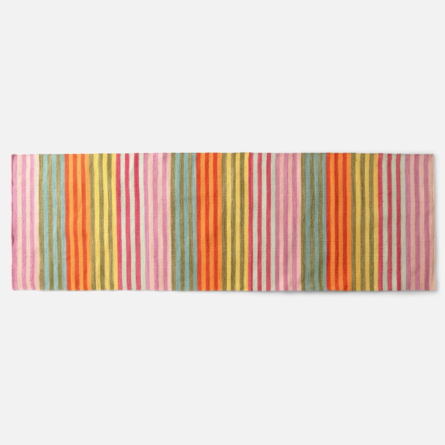 Top-down view of Lisse Performance flatweave rug showcasing bold multicolored vertical stripes on a white background