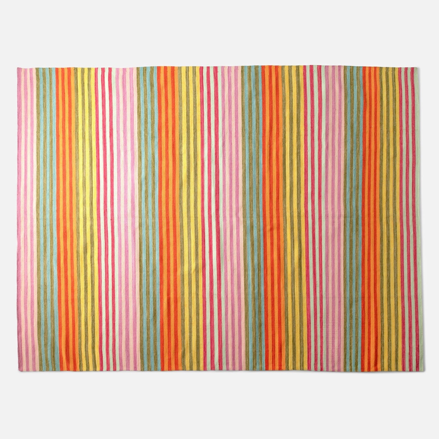 Overhead view of Lisse Performance Rug runner with bold multicolor stripes and flatweave texture on white
