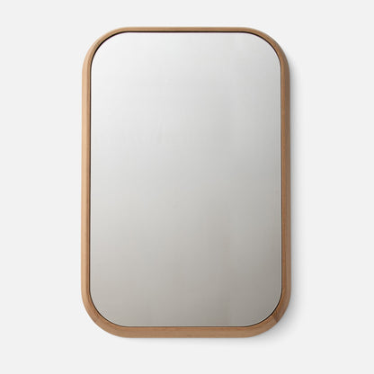 Close-up front view of Oak Chamfered Mirror showcasing oak chamfered frame and rounded corners on a white background