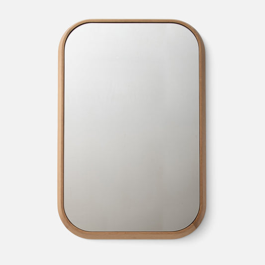 Close-up front view of Oak Chamfered Mirror showcasing oak chamfered frame and rounded corners on a white background