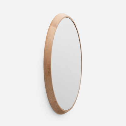 Angled close-up of Oak Chamfered Mirror showing chamfered edge and solid white oak frame against a white background