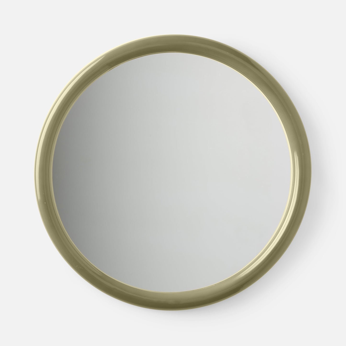 Close-up top view of Forma Mirror showcasing its rounded glossy linen-colored frame on a white background
