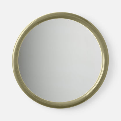 Close-up top view of Forma Mirror showcasing its rounded glossy linen-colored frame on a white background