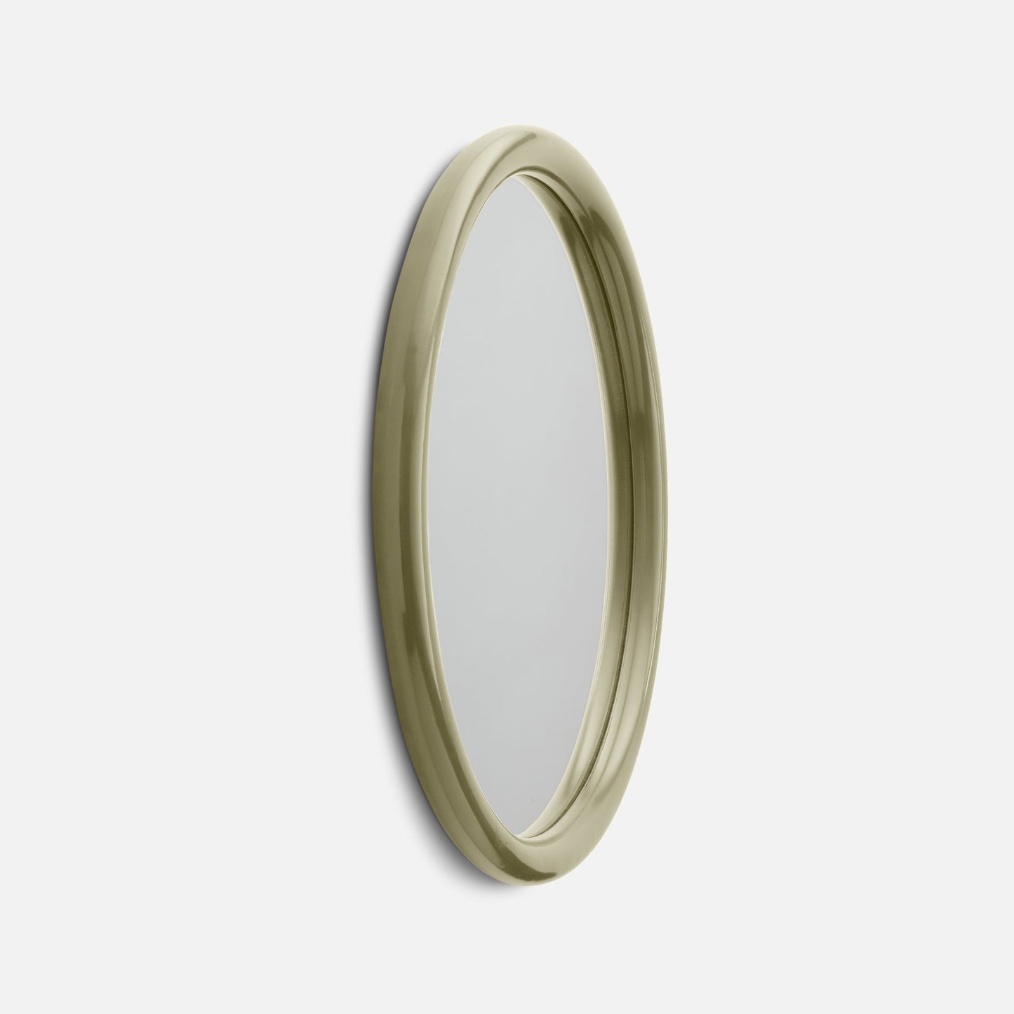 Close-up right-side view of Forma mirror showing rounded glossy olive-green frame against a white background