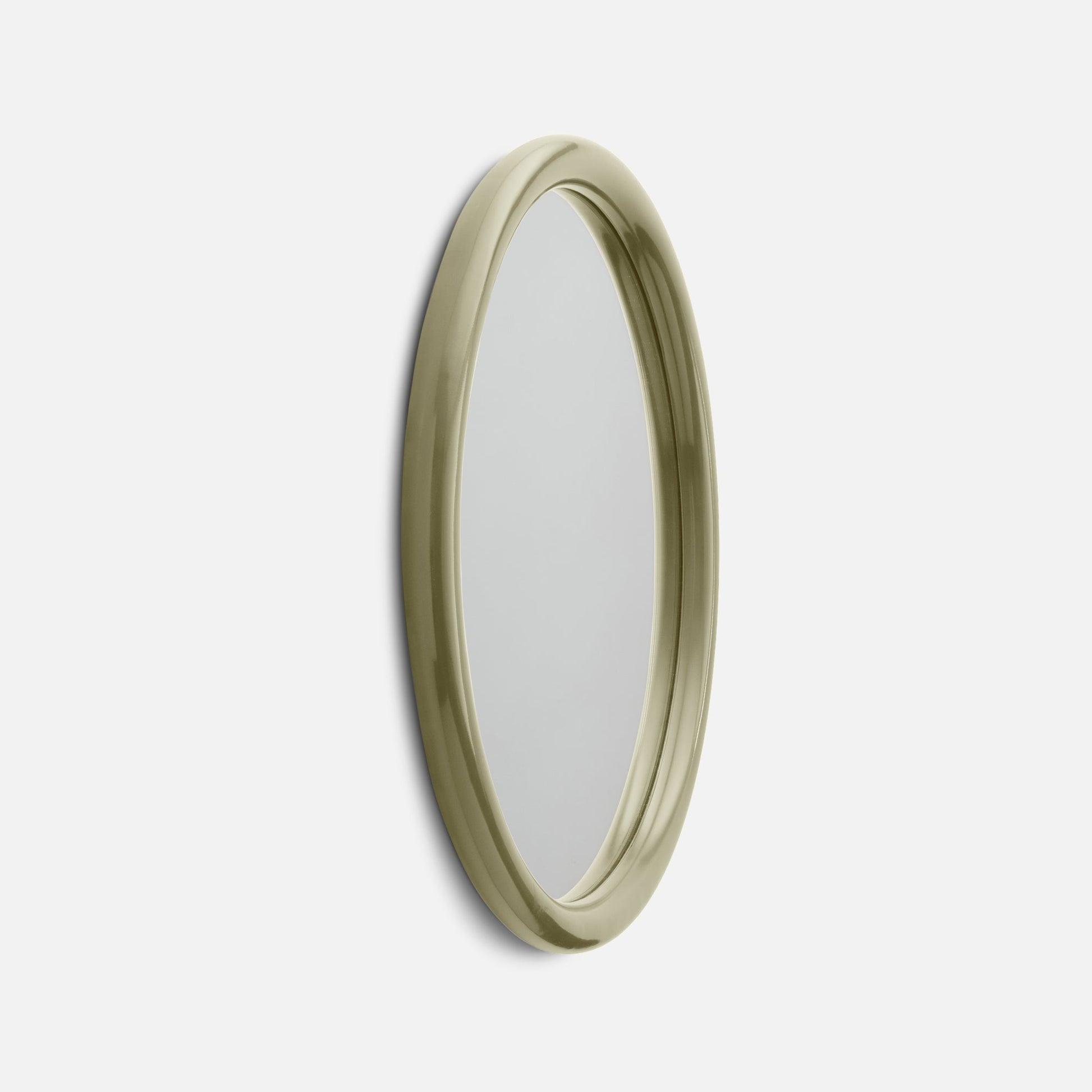 Close-up right-side view of Forma mirror showing rounded glossy olive-green frame against a white background