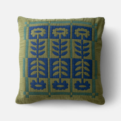 Front view of Stillwater Floral Sham showing blue mirrored floral applique and green color-blocking on 100 percent cotton with white studio background