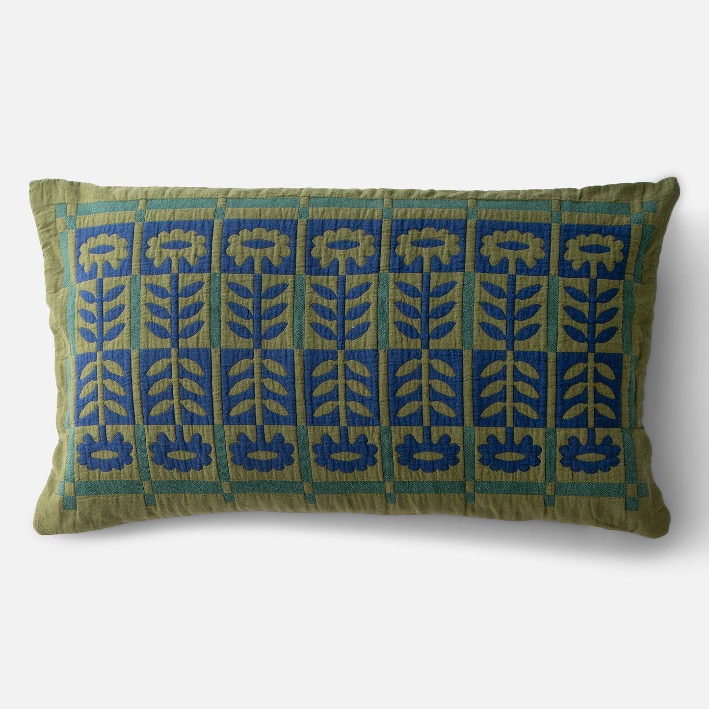 Front view of Stillwater Floral Sham showing green cotton with blue mirrored floral applique grid on white background