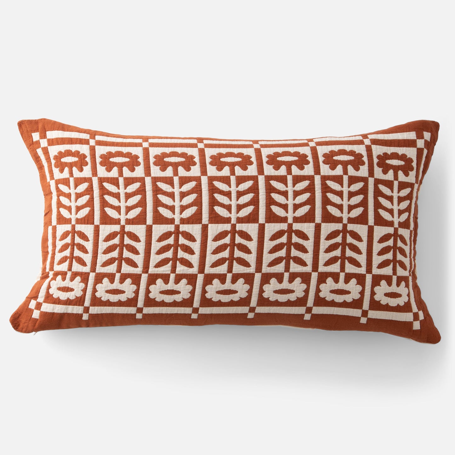 Front view of Stillwater Floral Sham showing rust floral grid applique on cream 100 percent cotton against white background