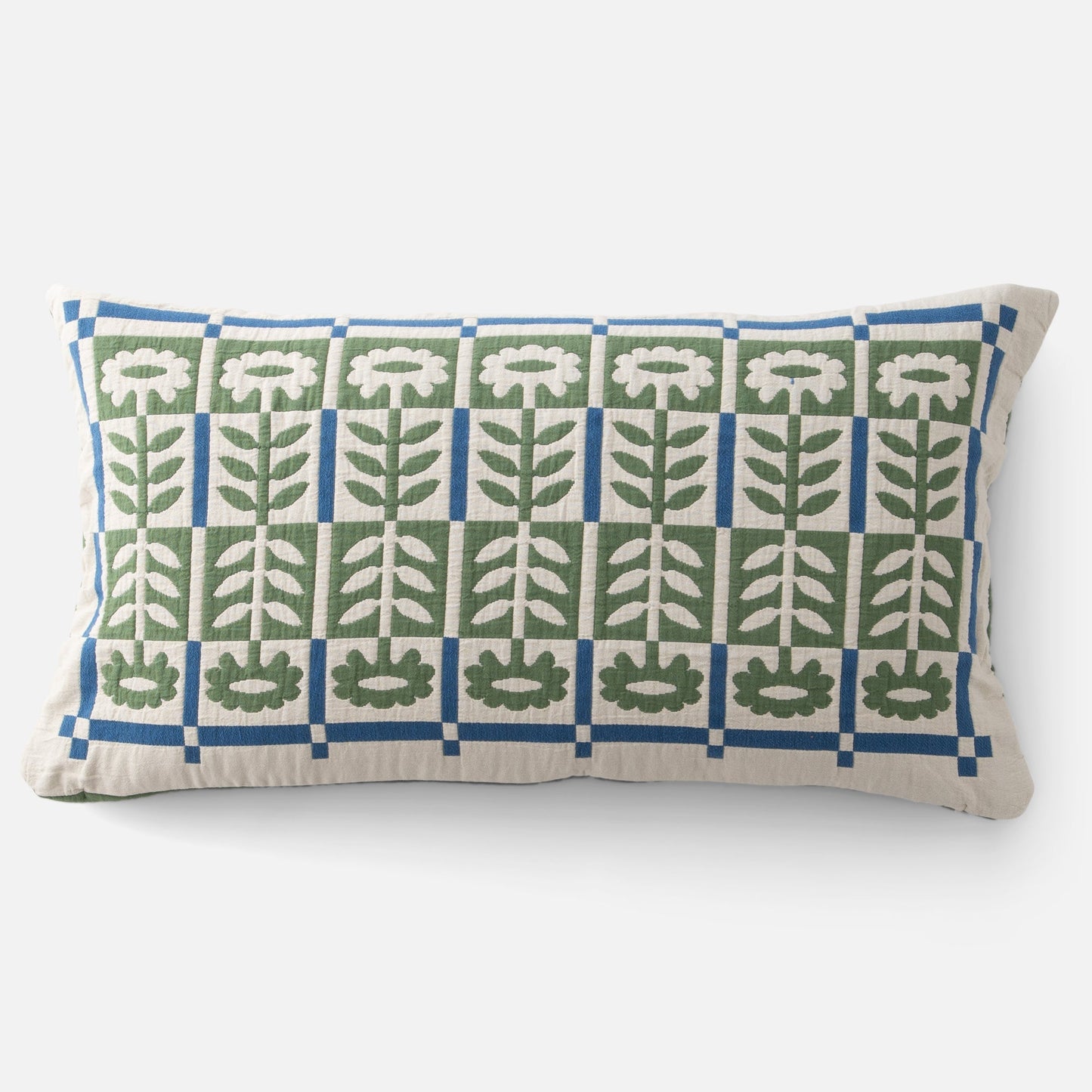Front view of Stillwater Floral Sham showcasing green floral appliqué in a blue grid on cream cotton background