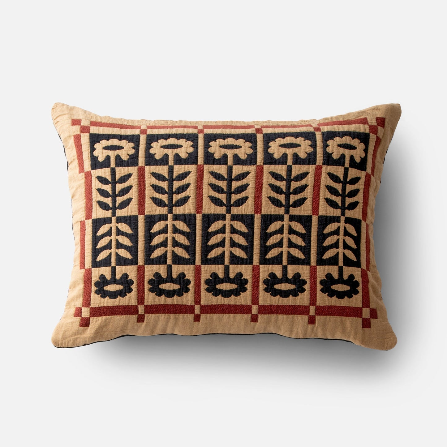 Front view of Stillwater Floral Sham showing mirrored floral applique and color-block grid on light background