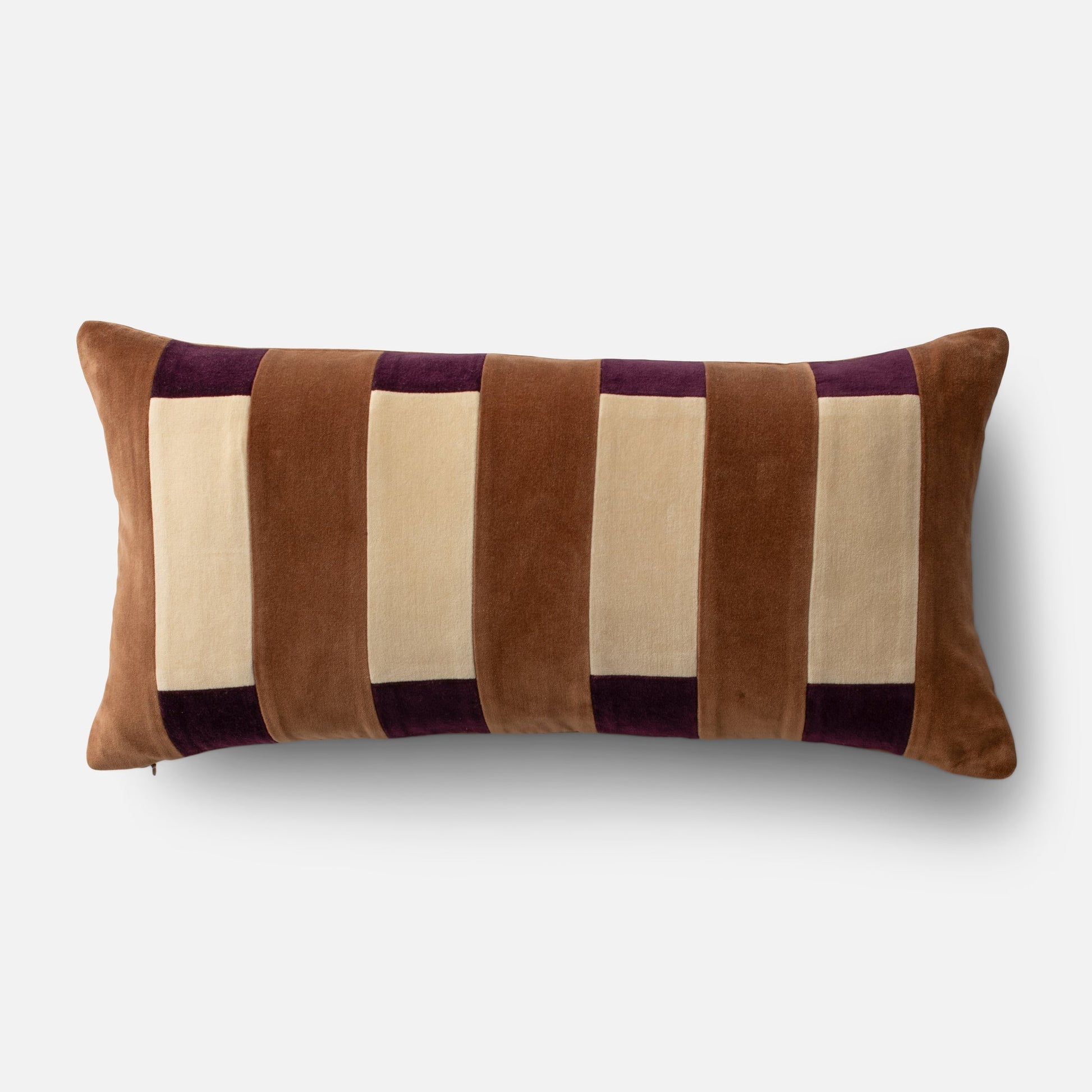 Front view of Pieced Velvet Pillow Cover with vertical brown and cream cotton-velvet stripes and purple accents on white