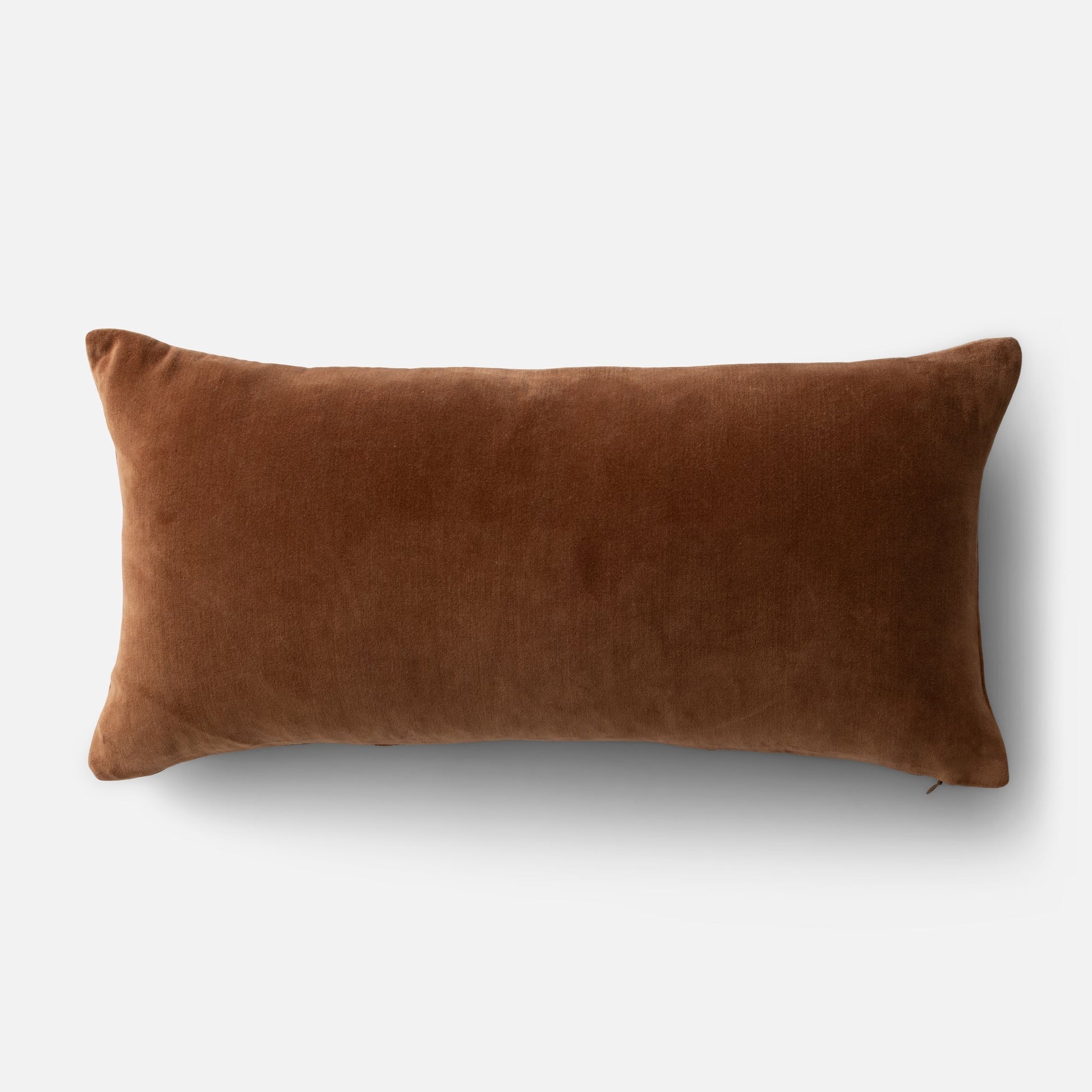 Top-front view of Pieced Velvet Pillow Cover showing brown 100% cotton velvet texture and visible zipper pull on white background