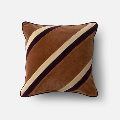 Close-up of Pieced Velvet Pillow Cover showcasing diagonal cream and plum stripes on brown velvet with gray background