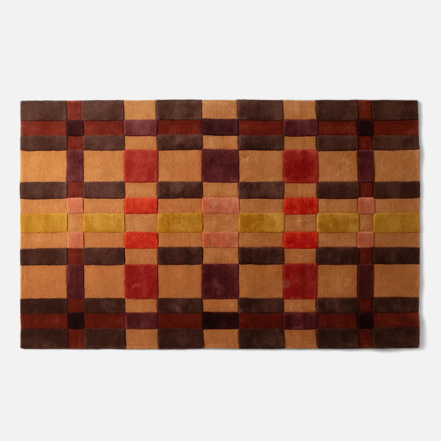 Top-down view of Campus Wool Rug showing recessed-pile plaid grid in brown, rust, mustard, and burgundy on white background