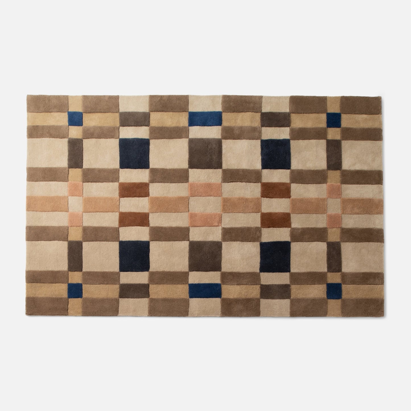 Top-down view of Campus Wool Rug runner showcasing recessed pile plaid pattern in brown with navy and terracotta squares on white background