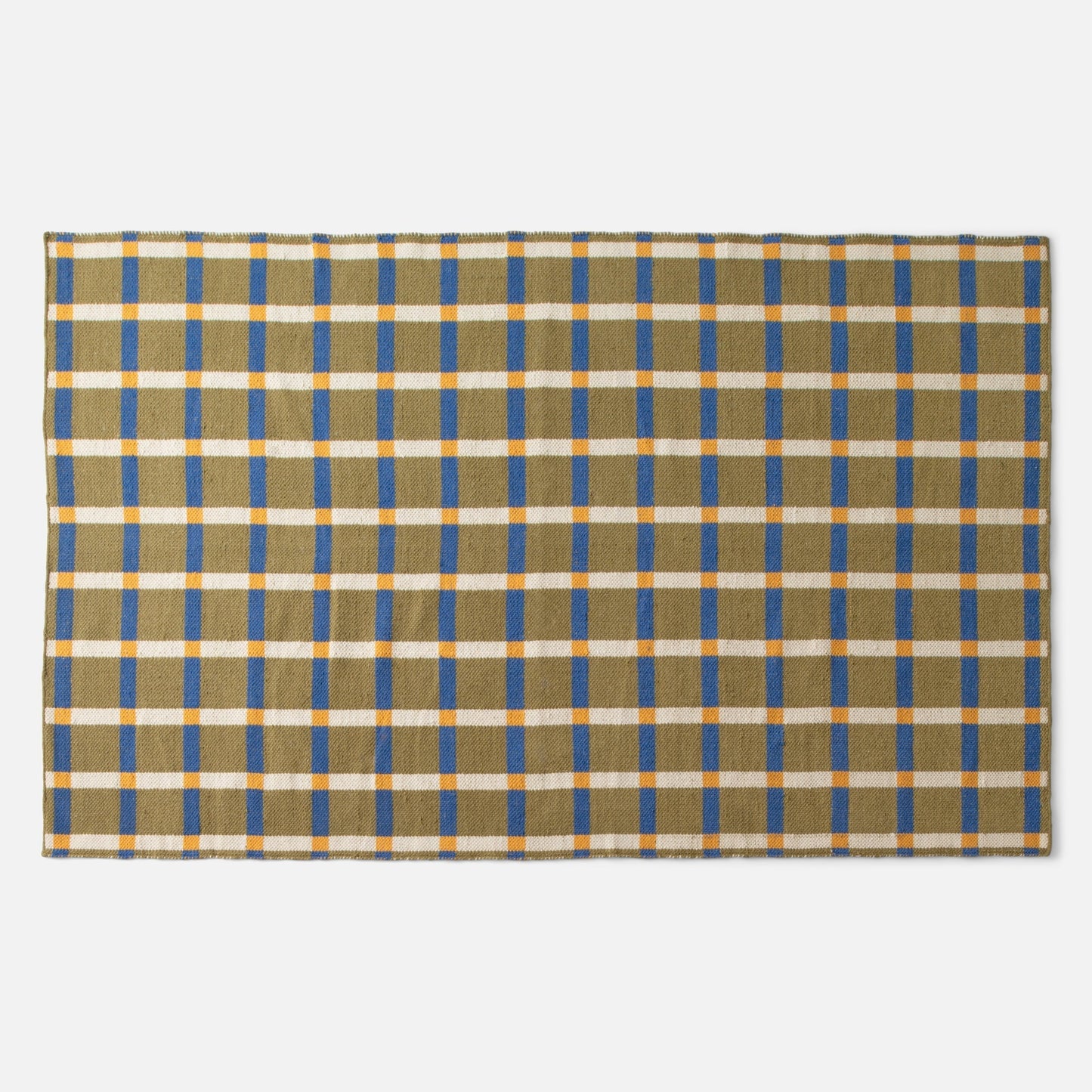 Top edge view of Plaid Wool Reversible Rug showcasing olive, blue, cream, and yellow plaid pattern on a white background