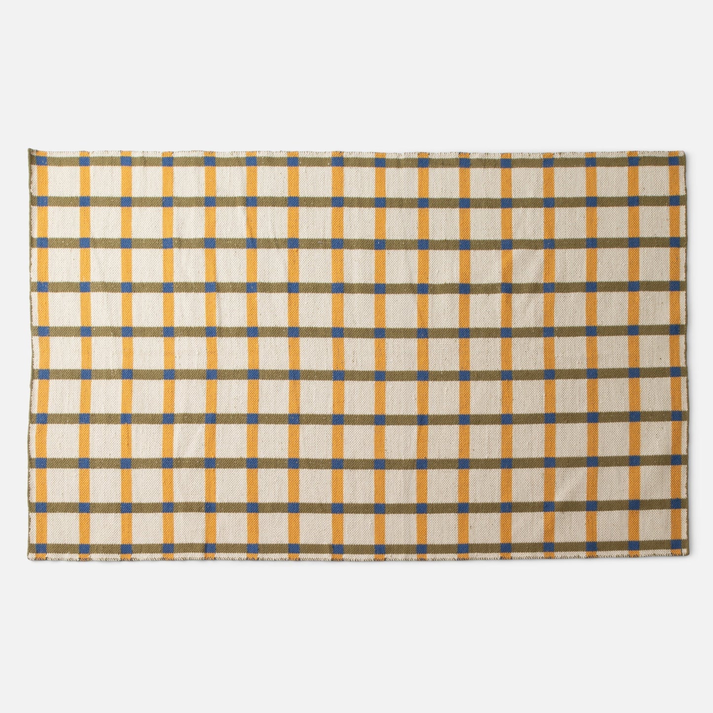 Top-edge view of Plaid Wool Reversible Rug showing cream background with yellow vertical stripes, olive horizontal bands, and blue square intersections
