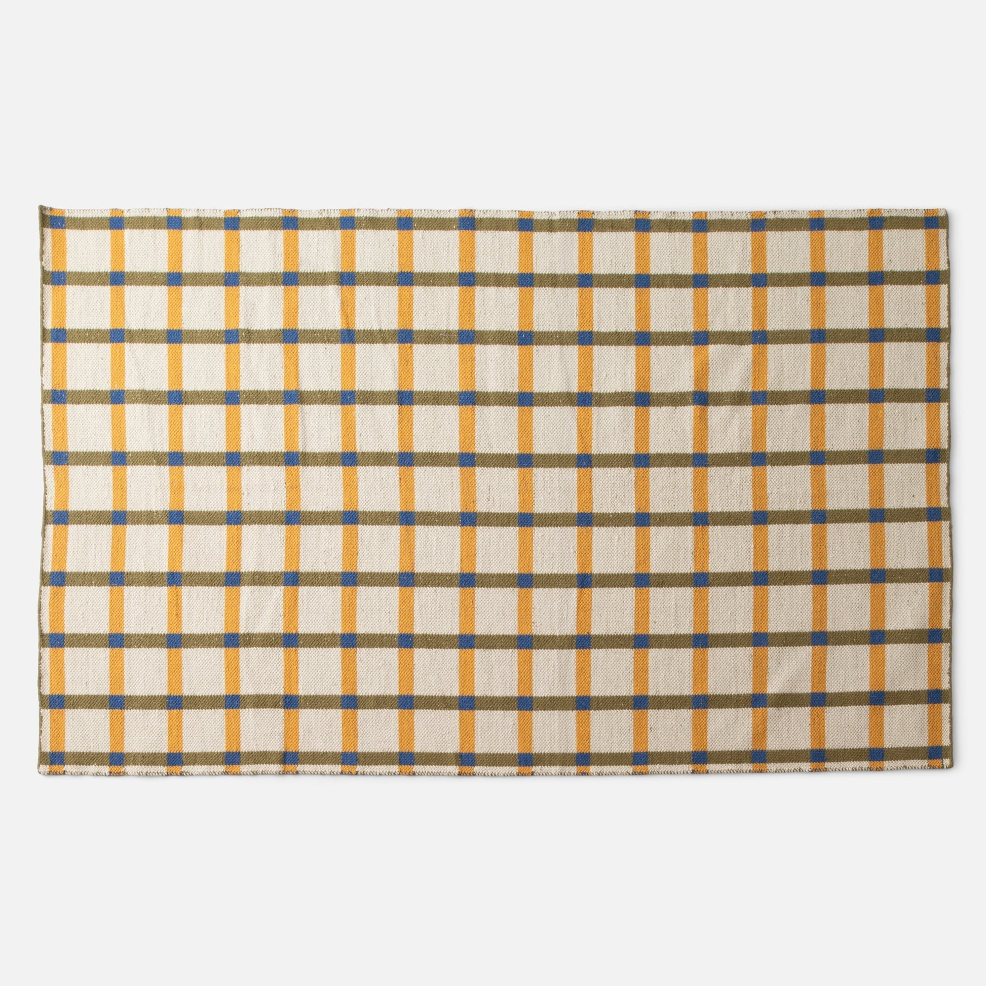 Top-edge view of Plaid Wool Reversible Rug showing cream background with yellow vertical stripes, olive horizontal bands, and blue square intersections