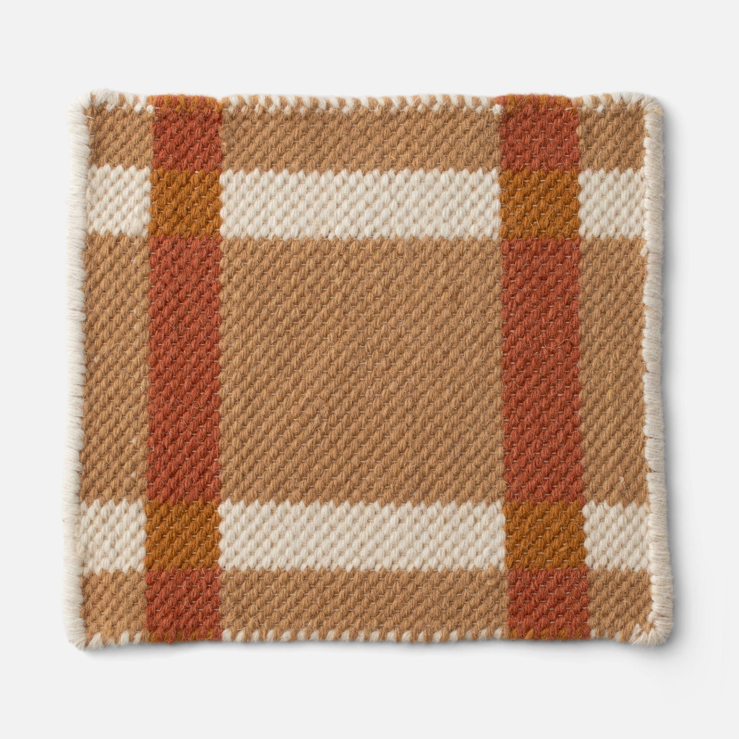 Close-up of Plaid Wool Reversible Rug showing handwoven wool texture, plaid pattern and serged edge on white background