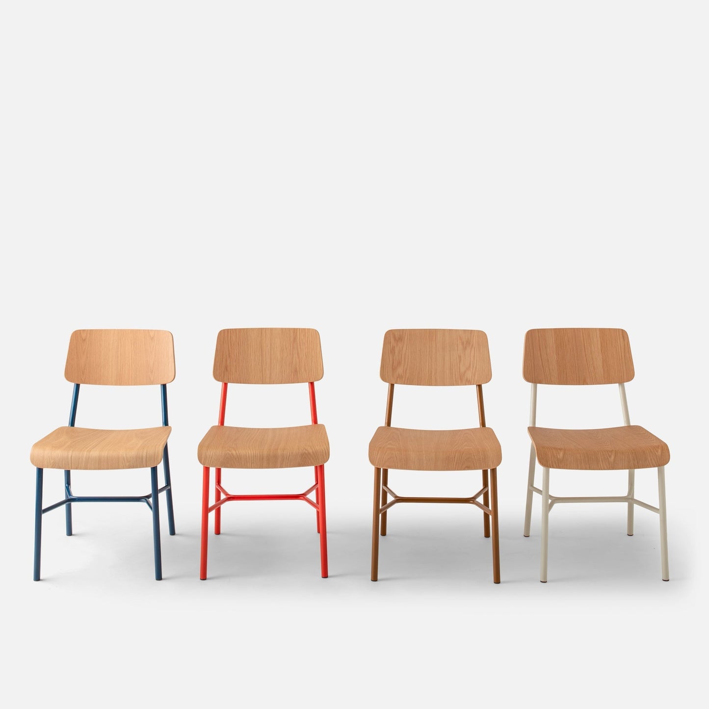Front view of four Cole Dining Chairs with contoured oak seats and colored powder-coated frames on a light gray background
