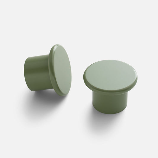 Angled view of two Remy Single Hooks showcasing round caps and short cylindrical bases in sage green on white background