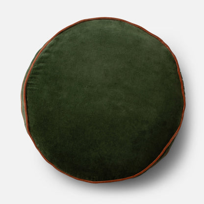 Top view of Velvet Piped Pillow showcasing round shape, dark green velvet with rust contrast piping on light gray background