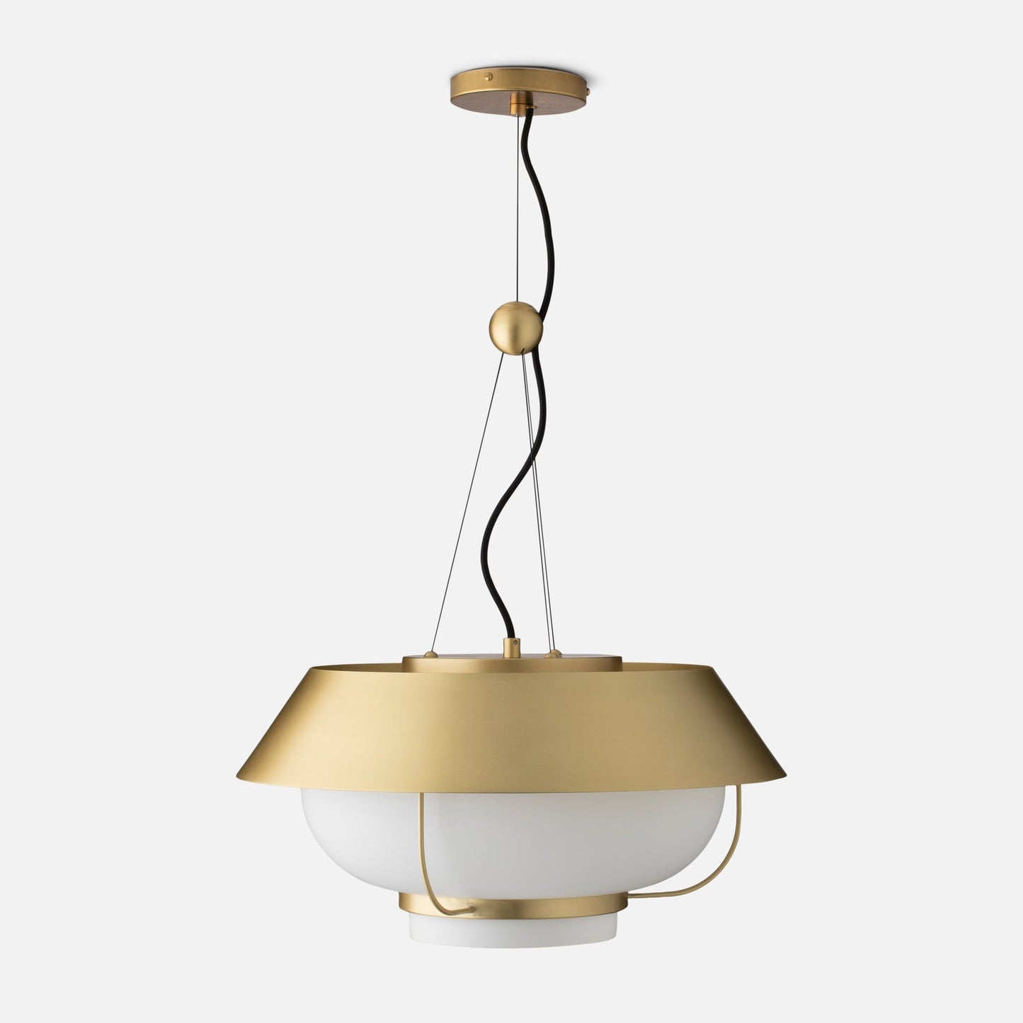 Front view of Alfred pendant with natural brass shade, black twisted cord, and opal glass diffuser