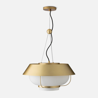 Front view of Alfred pendant with natural brass shade, black twisted cord, and opal glass diffuser