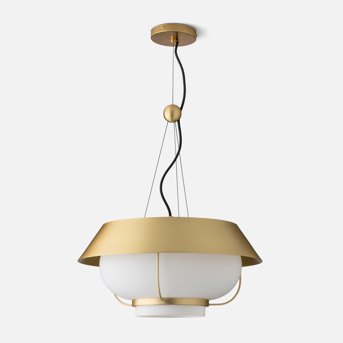 Front view of Alfred Pendant showing natural brass finish, stacked geometric shade with etched frosted glass and suspension wires on a white background