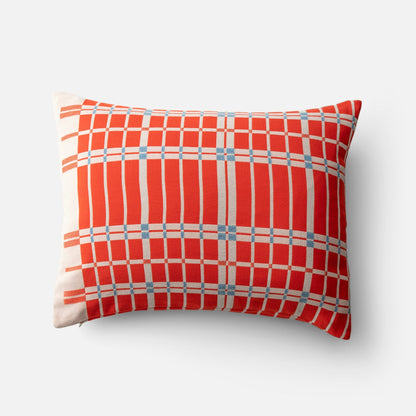 Overhead view of Shelburne Pillow Sham showcasing red and cream plaid with small blue square accents on a light gray background