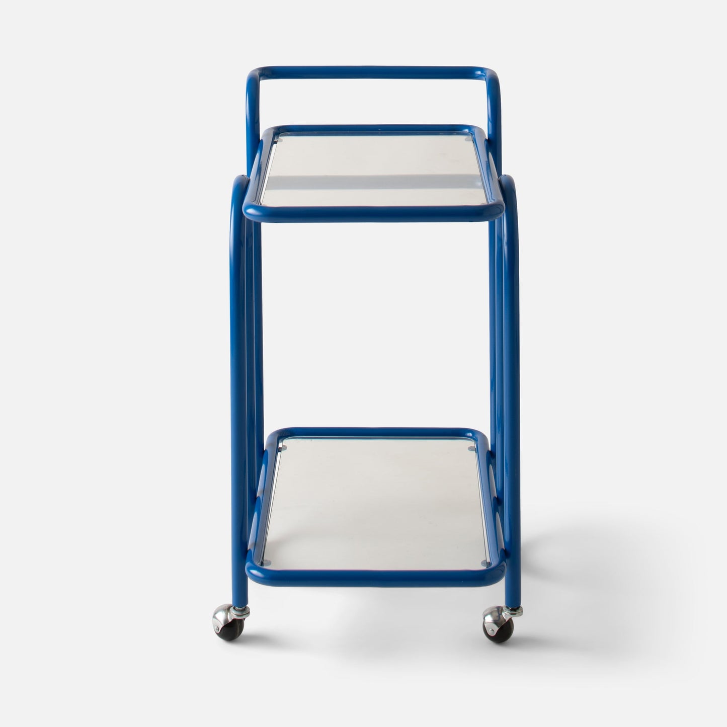 Front view of Lolly Bar Cart showcasing cobalt gloss bent-steel frame, tempered glass shelves, and caster wheels on white background
