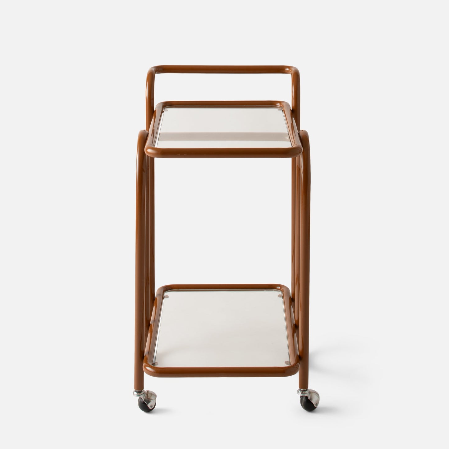 Front view of Lolly Bar Cart showing butterscotch bent steel frame, glass shelves and caster wheels on white background
